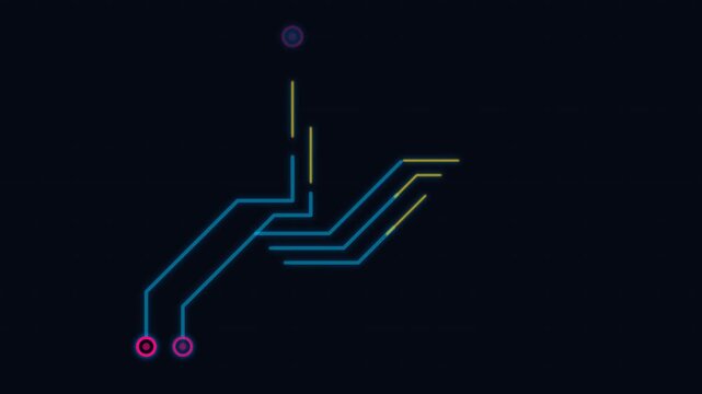 Digital circuit board animation showing electrical signals moving through pathways on a dark background.