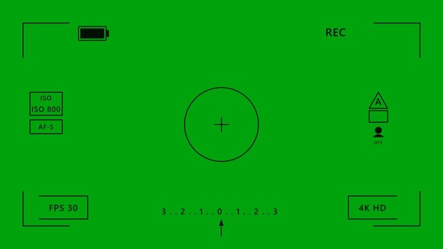 Camera interface viewfinder with recording indicator and HUD overlay on green background.