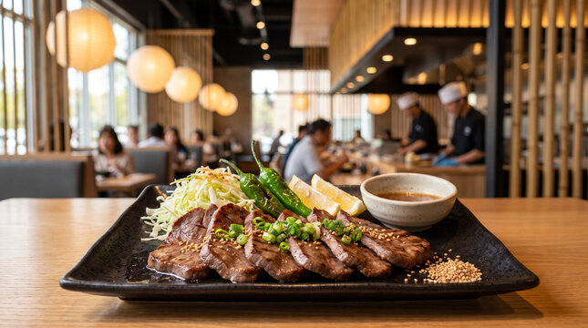 Gyutan Yaki Japanese Grilled Beef Served in Modern Restaurant Interior