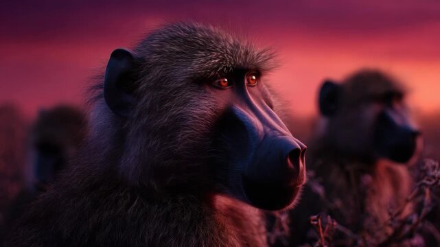 Close-up of a monkey looking intently at the camera against the vibrant hues of a setting sun in the wild.
