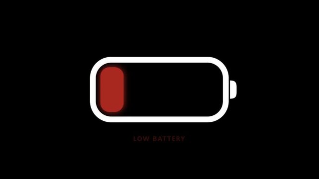 Minimalist low battery warning screen animation looping against black background.
