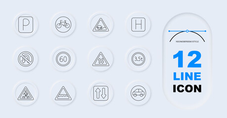 Fototapeta premium Traffic regulation set icon. Neomorphism collection with parking sign, bicycle lane, railway barrier, speed limitation, pedestrian crossing, vehicle direction, roadway warning graphics.