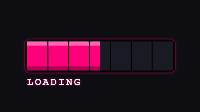 Retro Pixel Loading Progress Bar Animation with Glowing Pink Blocks and Dynamic Text.