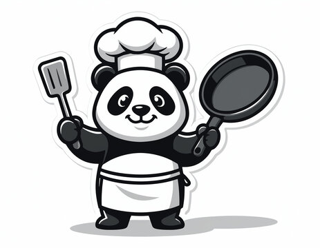 Cute panda chef cartoon character holding a frying pan and spatula wearing an apron and a chef hat