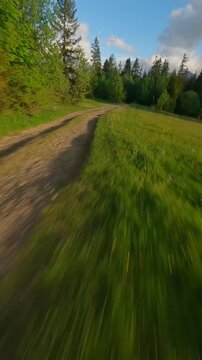 The breathtaking agile flight along the path in Tantra mountains. Poland