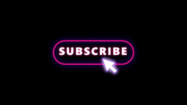 Animated neon subscribe button with mouse cursor click effect on a dark background.