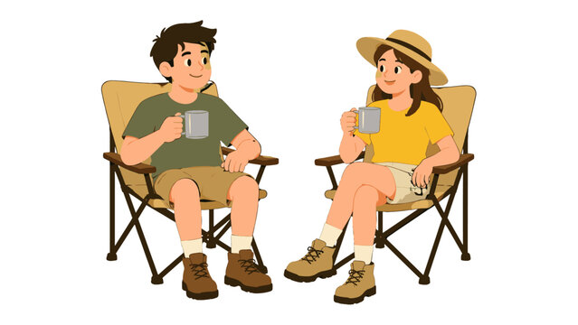 Young man and woman sitting in folding chairs with mugs