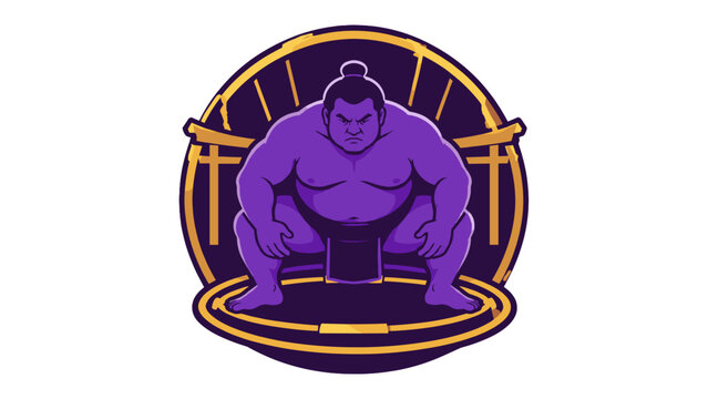 Purple sumo wrestler mascot illustration with circular frame