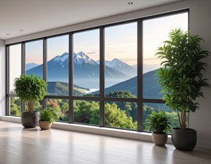 Fototapeta premium Modern interior with large windows framing a breathtaking mountain vista