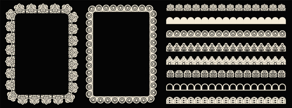 Elegant lace frames and crochet borders with scallop trim edge. Vintage floral brush pattern in white for wedding invitation. Vector lace frame set with ruffle elements isolated on black background