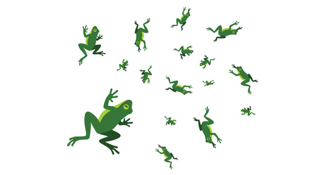 group of green frogs jumping isolated on white background various poses and sizes dynamic motion