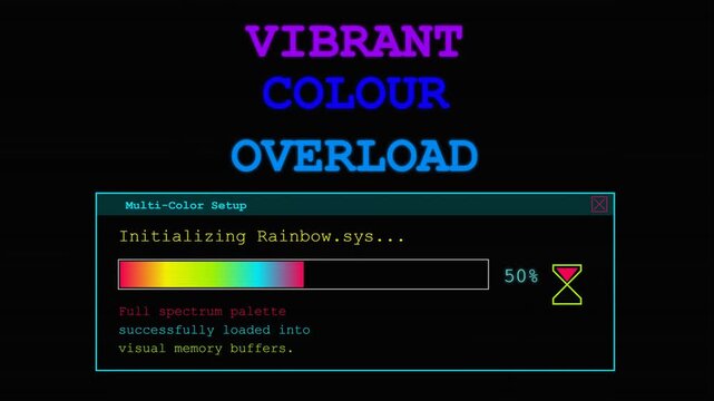Retro Computer Screen Showing Rainbow Colour Overload Loading Bar Progressing.