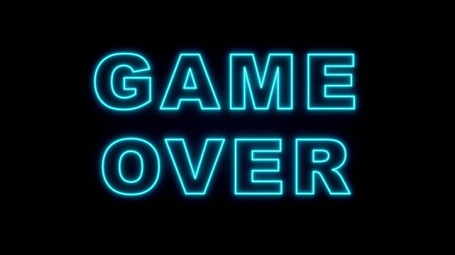 Neon Blue Game Over Sign Flashing in Darkness.