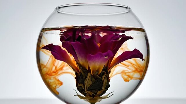 Clear water pouring into glass bowl with blooming tea bud