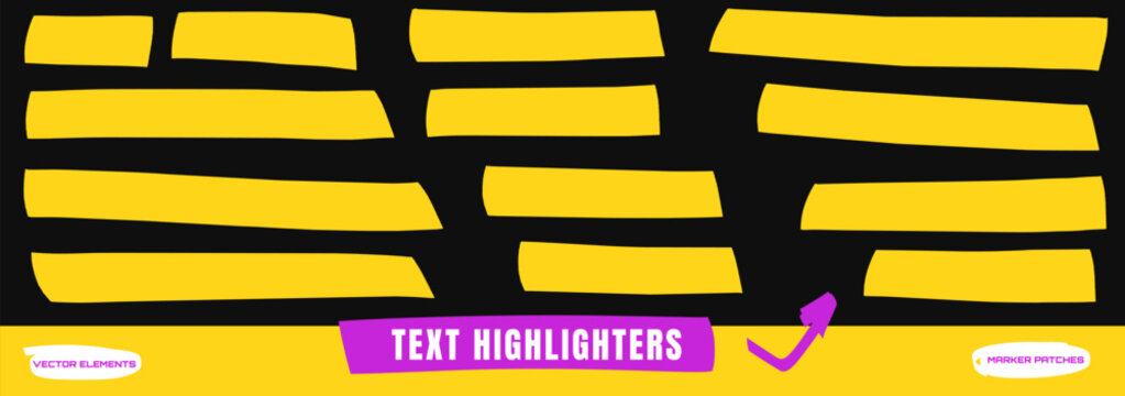 Marker streak set with rectangular patches and line accents. Yellow text highlight shapes felt edges and broad labels. Thick marker streak vector set for scrapbook, sale promo or stationery design