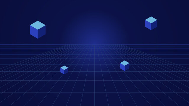 Abstract perspective grid background with floating isometric cubes