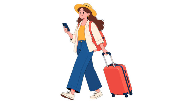 Woman walking with suitcase phone and backpack illustration
