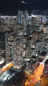 Aerial time-lapse on downtown of Vancouver at night, Canada