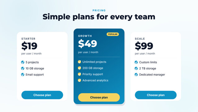 Pricing table slide template with three subscription plan cards