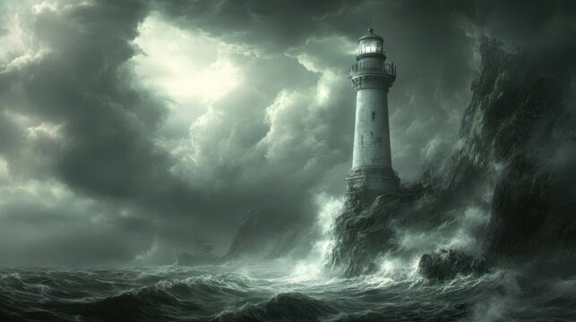 Stormy seas engulfing a lighthouse