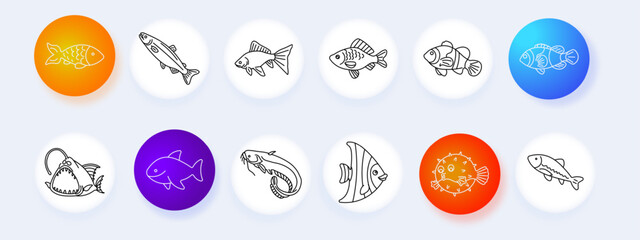 Fish set icon. Freshwater species, striped salmon, aquarium creature, predatory angler, underwater catfish, tropical butterflyfish, inflated puffer, detailed marine collection © Anastasia