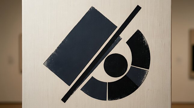 Timeless minimal composition bold dark forms upon warm neutral canvas evoking vintage constructivist design and pared-down modernist aesthetics.  abstract art geometric forms minimal design