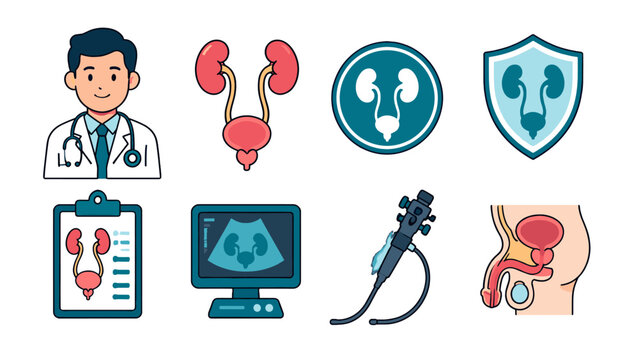 Urology medical icons with doctor anatomy scan and cystoscope