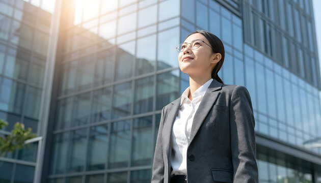 Confident businesswoman looking up. Professional female leader standing by office building.