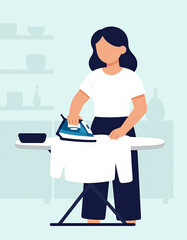 Fototapeta premium Focused Woman Ironing a Crisp Blue Dress Shirt in a Cozy Home Setting, Embracing Domesticity and the Satisfaction of a Job Well Done