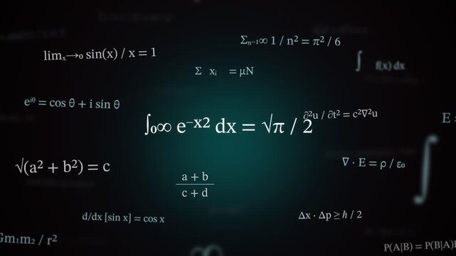 Mathematical equations and physics formulas float against a dark, blurred, abstract .