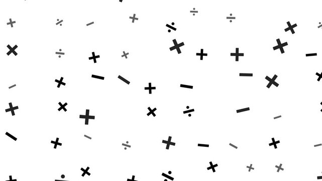 A seamless pattern of various black mathematical symbols scattered randomly across a plain white .