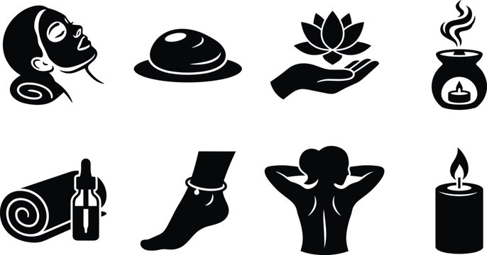 Black silhouette vector icon set of spa wellness beauty salon massage therapies and aromatherapy elements