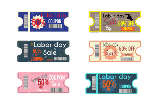 Set of Labor day Sale Coupon. Gift Coupon template, graphics design. Voucher promo code. Shopping, marketing, business. Vector illustration
