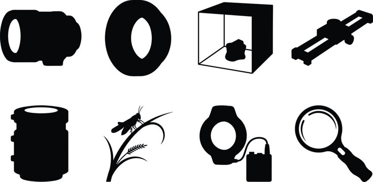 Silhouette vector icon set of macro photography camera gear studio lighting equipment and close up accessories