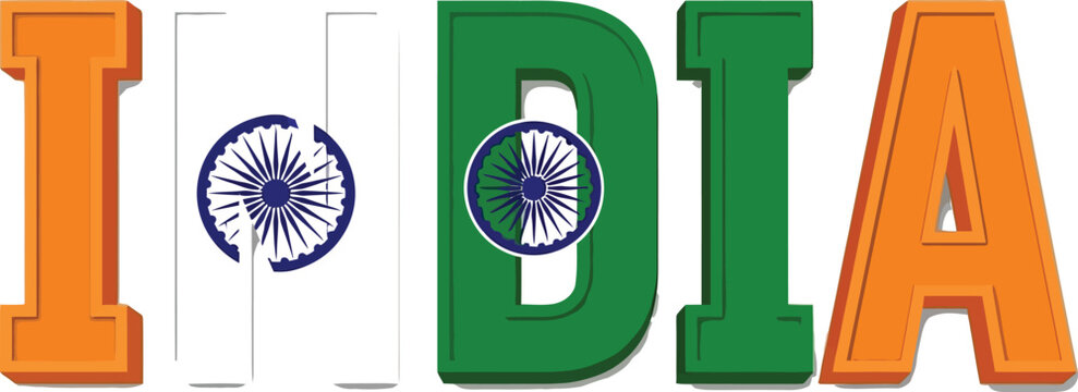 A creative graphic design featuring the word india spelled out in bold block letters with the colors and symbols of the indian national flag