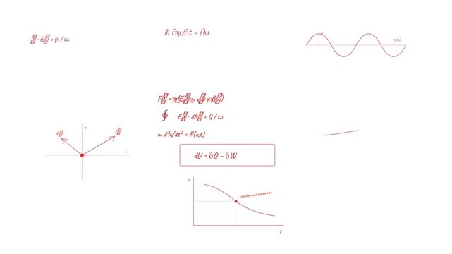 A collection of various physics equations, a vector coordinate diagram, and a downward curving graph drawn in red lines on a white .