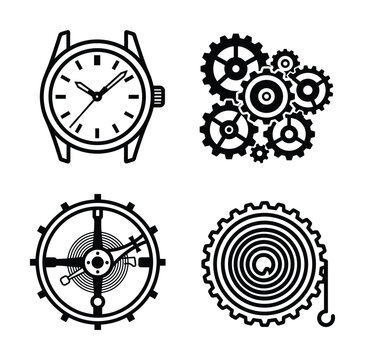 Black and white line art watch parts icon set, mechanical clockwork gears, mainspring