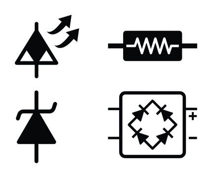 Electronic circuit component symbols set, black and white icons for engineering diagrams