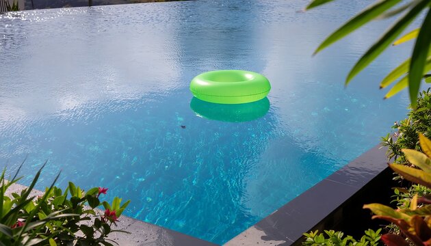 Green inflatable ring floating in a clear blue swimming pool