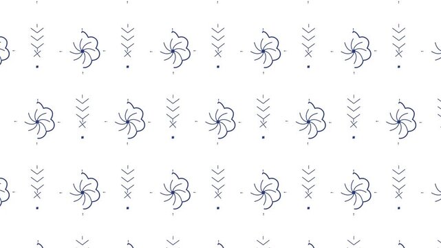 A repeating pattern of dark blue stylized spiral flower shapes arranged on a white surface.