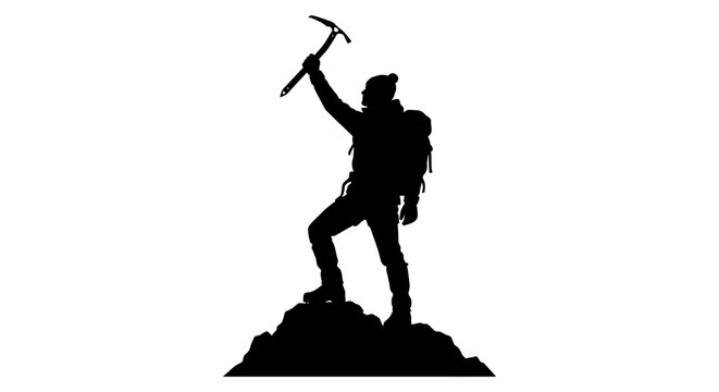 Mountaineer With Ice Axe On Rocky Peak Black Silhouette