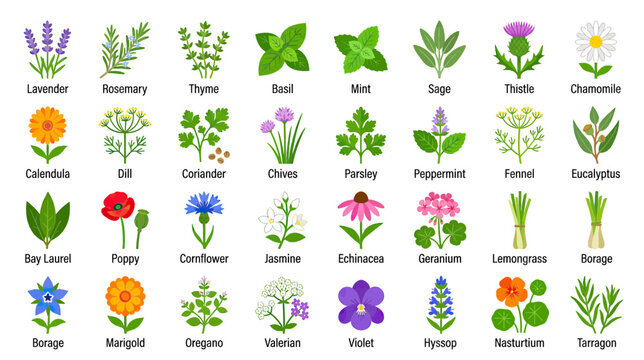 Collection of Fresh Herbs and Flowers