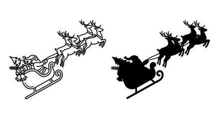 Santa claus with reindeer and sleigh black and white silhouette © AlhamdulillahAdobe
