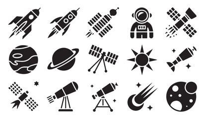 Set of isolated black vector space icons featuring rockets satellites planets astronauts. © Tamanna