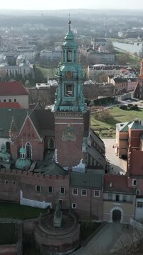 Aerial view of the Wawel royal Castle early morning at dawn. Cracow, Poland