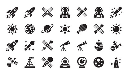 Detailed set of space themed icons featuring rockets satellites telescopes and planets. © Tamanna