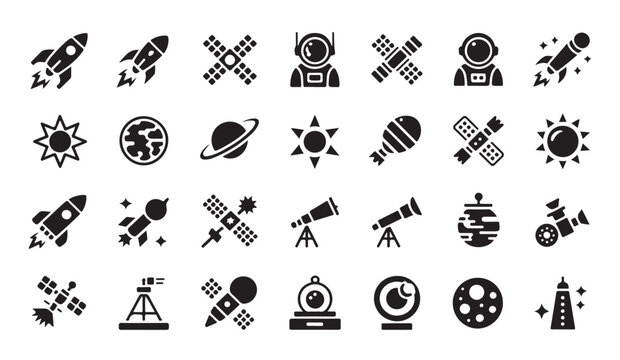 Detailed set of space themed icons featuring rockets satellites telescopes and planets.