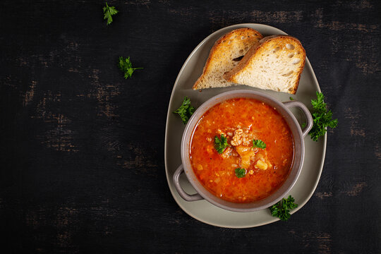 Traditional Homemade Vegetable Soup with Minced Meat. Czechoslovakian soup. Top view.