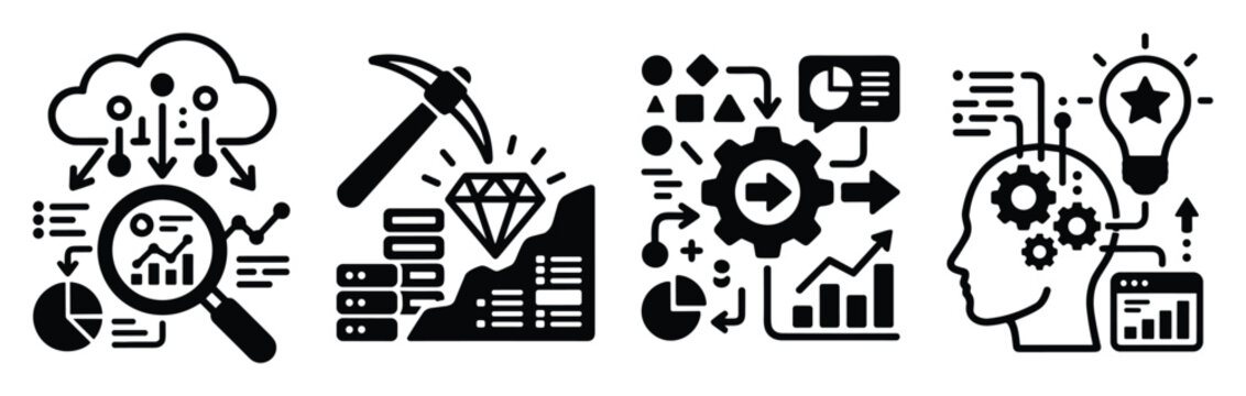 Minimalist vector icon set for data mining, analysis, processing, and AI insights