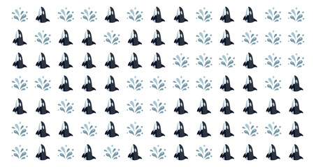 pattern of black and white orca whales with blue water splashes repeated horizontally on white background © Fendik eps